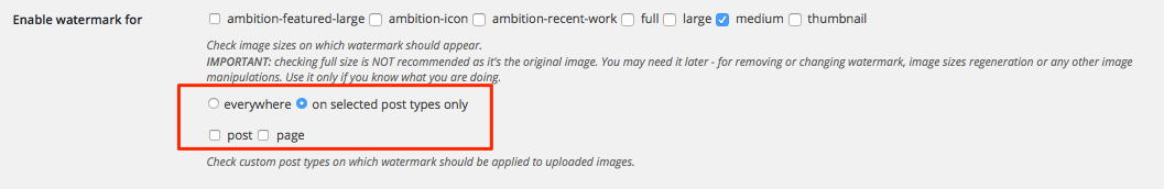 Enable watermark for images uploaded to specific post types.